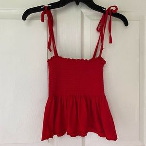Red Shirred Peplum Tank Top